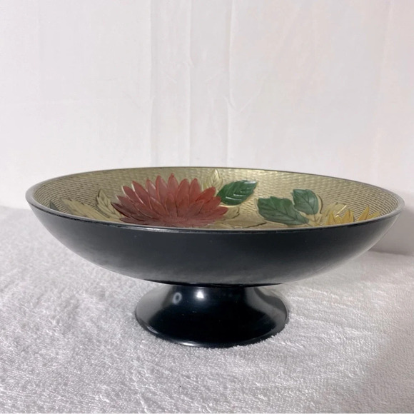 Vintage Nasco Lacquerware Textured Peony  Pedestal Bowl - Picture 5 of 14